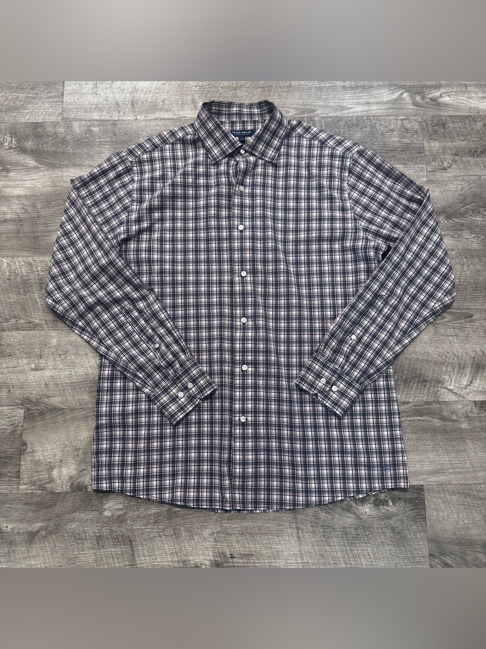 Peter Millar Flex Finish Navy Plaid Long Sleeve Button Down Shirt Mens Sz. L